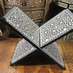 Egyptian Handmade Islamic Muslim Quran Holder Stand Beech Wood Inlaid Mother of Pearl 16.8&quot;
