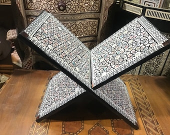 Egyptian Handmade Islamic Muslim Quran Holder Stand Beech Wood Inlaid Mother of Pearl 16.8"