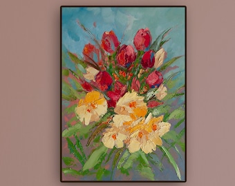 Original Floral Oil Painting on Canvas, Red and Yellow Flowers, Modern Wall Art