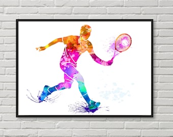 Tennis Player Man Boy Watercolor Print,Tennis gift, Sport Wall Art Decor