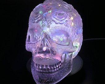 3D Printed Sugar Skull Lamp, Color Changing LED, Day of the Dead Decor