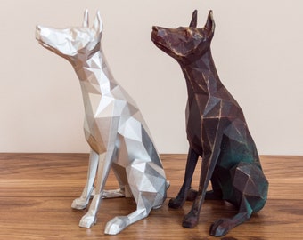 Handgeschilderd laag poly dobermann-beeldje: 3D-geprint hondenbeeldhouwwerk