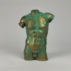 Gold Patina Male Torso Statue: Greek Replica Sculpture