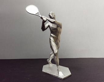 Unique Geometric Tennis Player Figurine - 7.5 Inch Male Athlete Sculpture for Minimalist Sports Decor and Tennis Gifts for Him