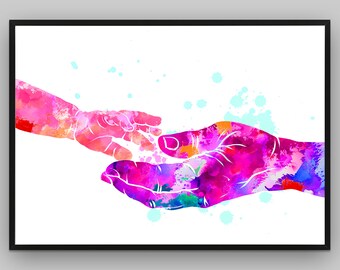 Holding Hands Print, Watercolor Art, Reaching Hands, Art Wall Hanging, Wall Décor, Poster