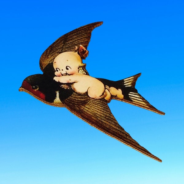 Broche en bois pour poupée bébé hirondelle volante Kewpie