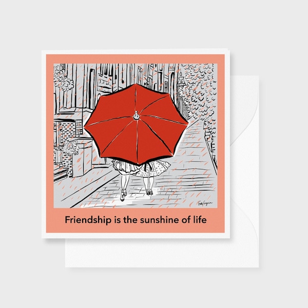 Red Umbrella Walk Friendship Note Card, Rainy Cityscape, 5x5 inch, Fun Love Best Friend Gift Blank Inside, White Envelope