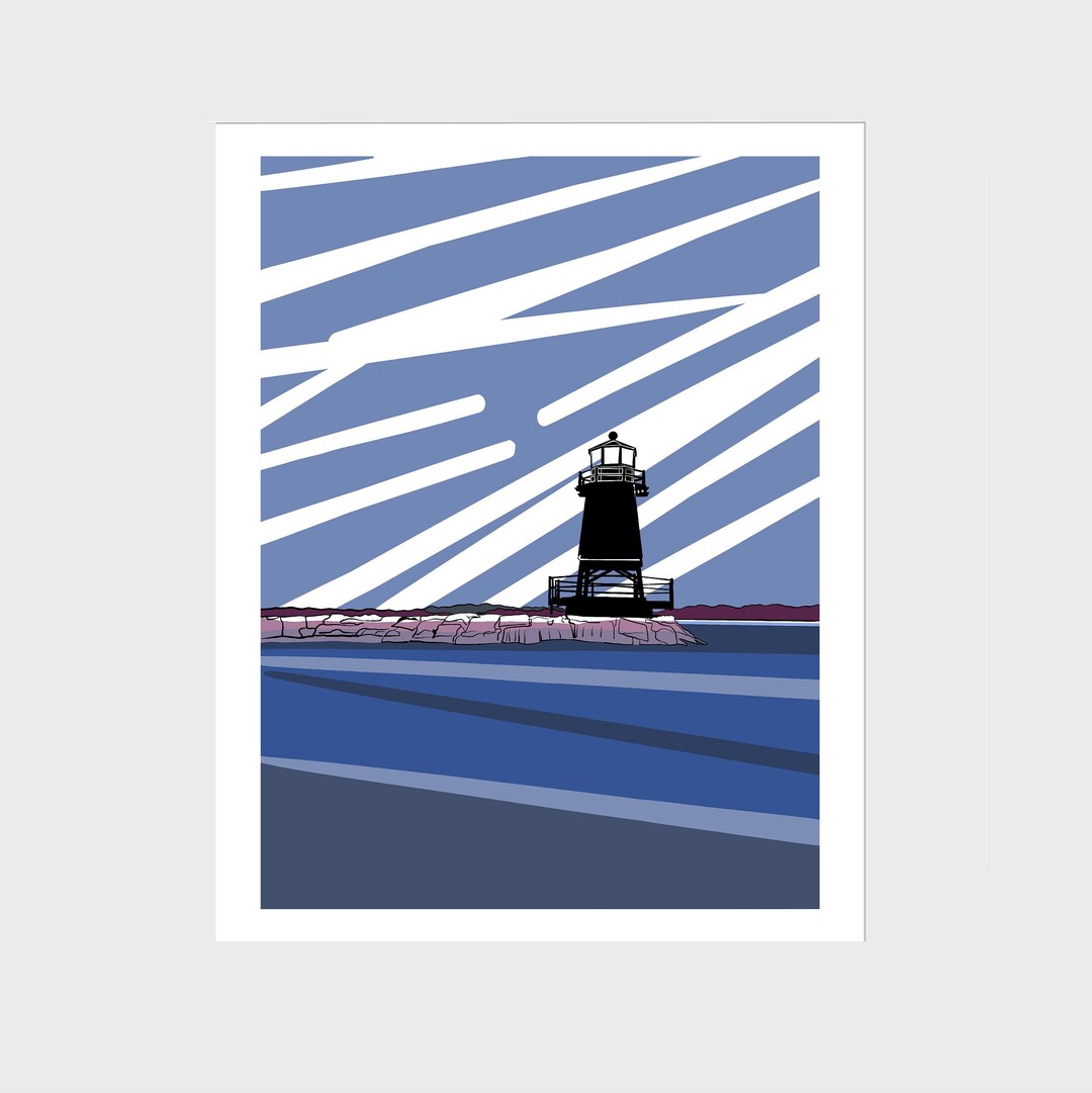 Lighthouse Blue Abstract Modern Lake Landscape Small Fine Art Print ...