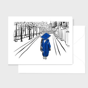 Dark blue cap & gown art print graduation card, 5x7 inch 2024 congrats gift blank inside, high school college, Duke university, 1 grad walks