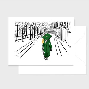 Green cap & gown graduation card, 5x7 inch, blank inside, white envelope, 2024 high school,college,university celebration gift, 1 grad walks