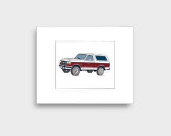 Ford Bronco SUV Art Print, White with Red Stripe, small, 1990s style, home office, kids bedroom, garage workshop wall decor, vintage gift