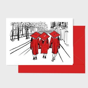 Red cap & gown art print graduation card, 5x7 inch, 2024 University, College, High School Gift, NC State, Alabama, Stanford, Boston, 3 Grads