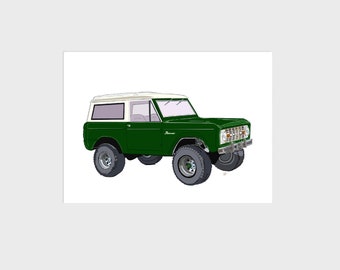 Green Vintage Ford Bronco SUV Art Print, 8x10 inch, small home office, kids bedroom, garage workshop wall decor, antique gift, unframed