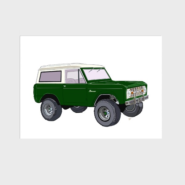 Green Vintage Ford Bronco SUV Art Print, 8x10 inch, small home office, kids bedroom, garage workshop wall decor, antique gift, unframed