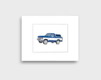 Ford Bronco SUV Fine Art Print, Blue, small, 1990s style, home office, kids bedroom, garage workshop wall decor, vintage fun gift