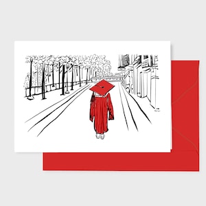 Red cap & gown art print graduation card, 5x7 inch, 2024 college, university, high School, NC State, Alabama, Stanford, Boston, Ohio 1 grad