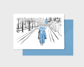 Blue cap & gown graduation card, 5x7 inch, high school university college, 2024 congrats gift, UNC Chapel Hill tar heel ram, 1 grad walking,