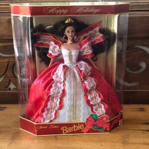 Vintage 1997 Happy Holidays 10th Anniversary Limited Edition Barbie, Brunette, New in Box, Gold Background with Flowing Hair