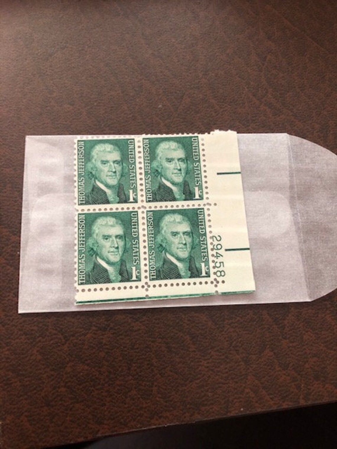 Vintage Thomas Jefferson 1 Cent U.S. Postal Stamp Block of 4, 1968