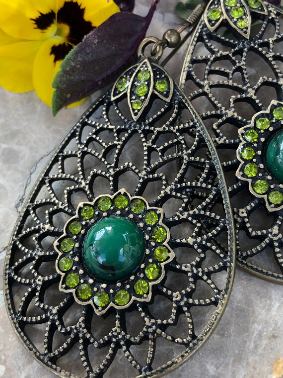 Vintage Boho Style Dangle Drop Earrings With Gree… - image 3