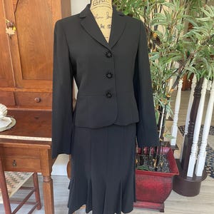 Vintage Women&#39;s Black Wool Suit with Velvet Buttons. Ann Taylor LOFT designer.  Jacket Size 4, Skirt Size 2