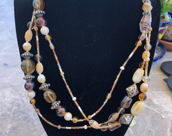 Vintage Beaded Stone, Agate, Glass and Crystal Necklace, 58" Long with Silver Tone Accents