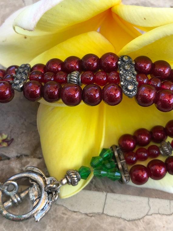 Vintage Burgundy Red and Green Beaded Bracelet wi… - image 8