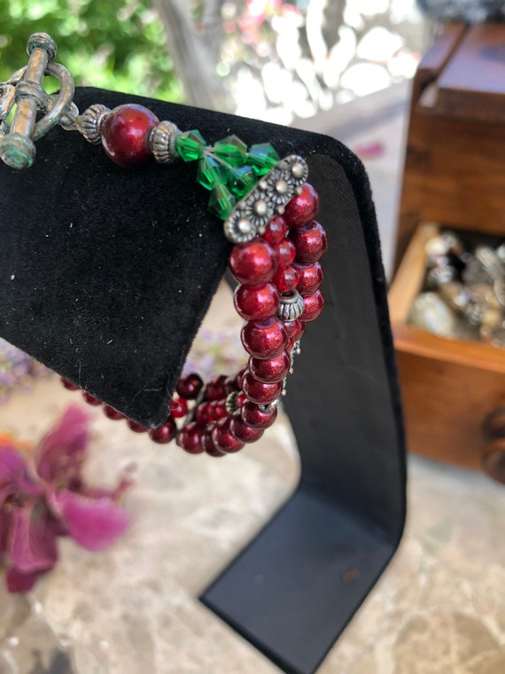 Vintage Burgundy Red and Green Beaded Bracelet wi… - image 4