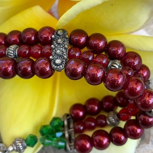 Vintage Burgundy Red and Green Beaded Bracelet with Rose Clasp
