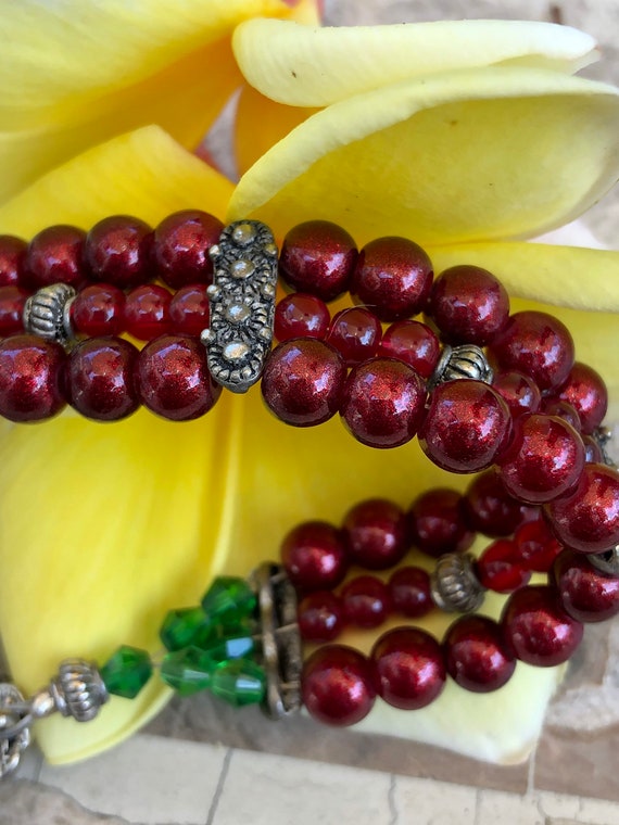 Vintage Burgundy Red and Green Beaded Bracelet wi… - image 1