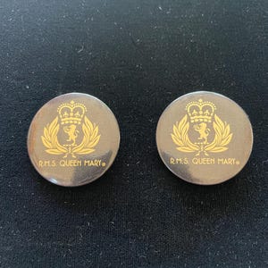 Two Vintage R.M.S. Queen Mary Pins, Black and Gold Queen Mary Pins with Crown and Lion