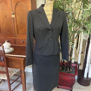Vintage Tahari, Arthur S. Levine Dark Grey Pin Striped Suit with Blazer and Skirt, Size 6 Petite