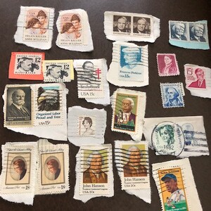 May include: A collection of vintage postage stamps featuring various historical figures, including Helen Keller, John Hanson, and Frances Perkins. The stamps are in various colors and sizes, and some are torn or damaged.