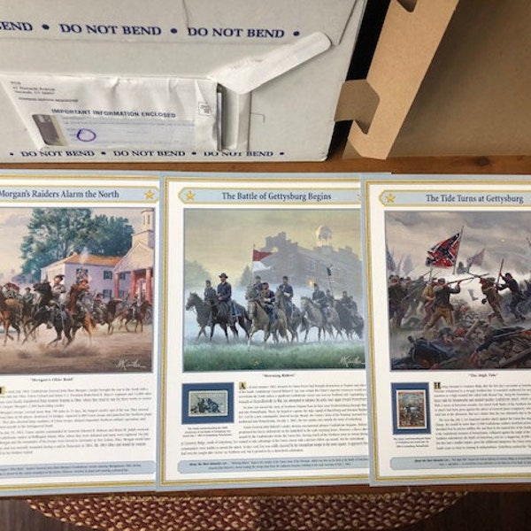 Three Vintage Commemorative Gettysburg Stamp Panels, Mort Kunstler Art, Morgan's Raiders Alarm the North, The Battle of Gettysburg Begins