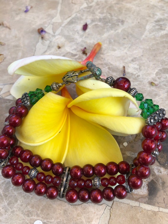 Vintage Burgundy Red and Green Beaded Bracelet wi… - image 2