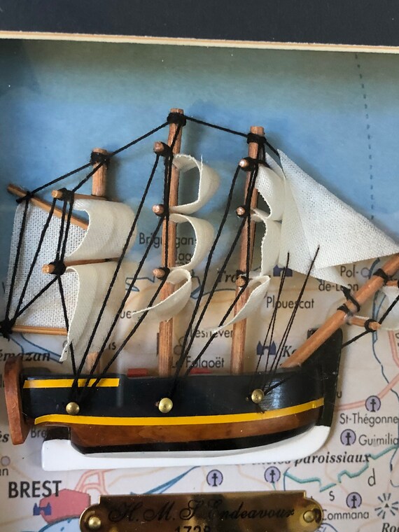 Vintage Ship Shadow Box, H.M.S. Endeavor 1728 Replica of Sailing
