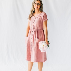 Women's button front elastic waist linen dress | elastic waist | midi length | simple | modest | basic | sack dress | short sleeve | oekotex