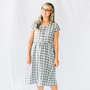 Women's organic linen dress | nursing friendly | slow clothing | modest | cottage core | button front | short sleeve | midi dress | handmade