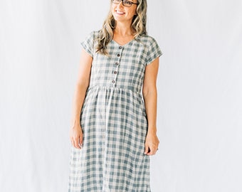 Women's organic linen dress | nursing friendly | slow clothing | modest | cottage core | button front | short sleeve | midi dress | handmade