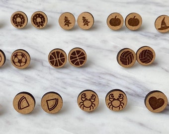 Wood Engraved Stud Earrings with 18k Gold Posts