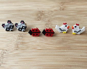 Animal and Bug Beaded Stud Earrings (Chickens, Ladybugs, Raccoons)