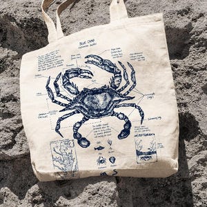 Blaue Krabbe Anatomie Tragetasche, Dicke Baumwollleinwand Krabbe Tasche, Handbedruckte Krebstier Strandtasche, Blaue Krabbe Biologie Diagramm Zeichnung