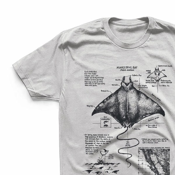 Camiseta de anatomía de la raya Mobula, camiseta de la raya de biología marina, camiseta de algodón con serigrafía de la raya diablo, dibujo de la raya saltadora de Baja California