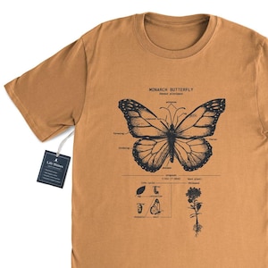 May include: A brown t-shirt with a black and white illustration of a monarch butterfly and its life cycle. The text "MONARCH BUTTERFLY Danaus plexippus" is printed on the shirt.