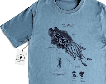 May include: A light blue t-shirt featuring a detailed illustration of a cuttlefish with anatomical labels. The graphic is in dark blue. The shirt has a tag that says "Life Shines".