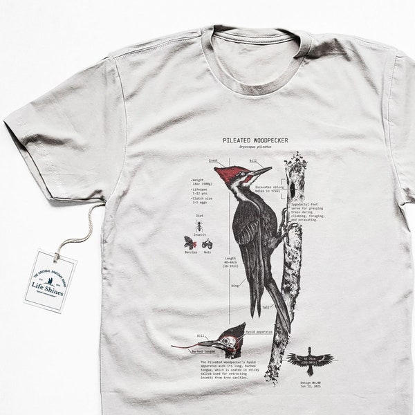 Pileated Woodpecker Anatomy Tshirt, Birder Tshirt, Woodpecker Shirt, Bird Biology Diagram, Screen Printed Woodpecker Cotton Shirt