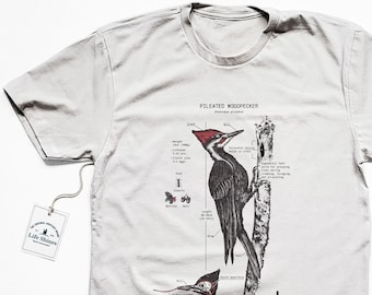 Pileated Woodpecker Anatomy Tshirt, Birder Tshirt, Woodpecker Shirt, Bird Biology Diagram, Screen Printed Woodpecker Cotton Shirt