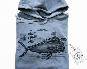 マヒマヒ解剖学パーカー、イルカ生物学スクリーンプリントパーカー、マヒマヒ釣りパーカー