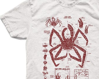 Maglietta con anatomia del granchio reale - Maglietta in cotone con stampa serigrafica sulla biologia del granchio