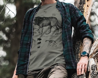Wolf Anatomy T Shirt, Screen Printed Gray Wolf Shirt, Mountain Wildlife T Shirt, Original Hand Drawn Wolf Anatomy Print